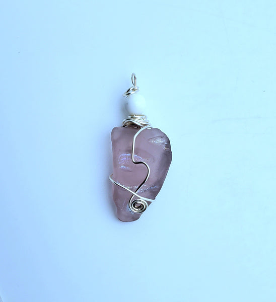 Wire Wrapped Purple Iridescent Art Glass Pendant