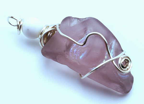 Wire Wrapped Purple Iridescent Art Glass Pendant