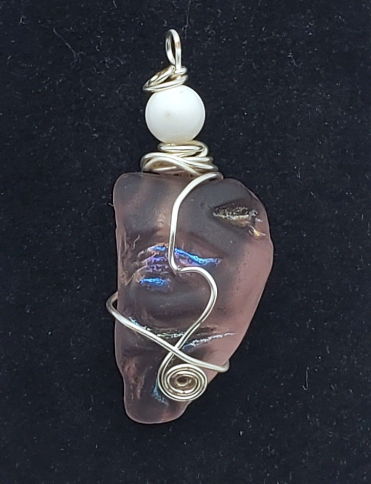 Wire Wrapped Purple Iridescent Art Glass Pendant
