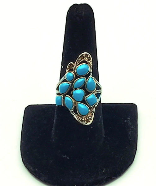 Vintage Sterling Silver Turquoise Enamel and Marcasite Asymmetrical Ring - Size 7.5