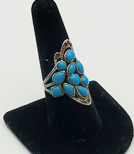 Vintage Sterling Silver Turquoise Enamel and Marcasite Asymmetrical Ring - Size 7.5