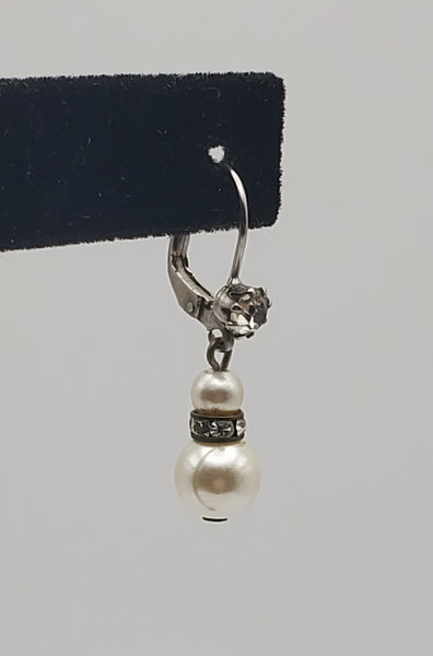 SINGLE Vintage Faux Pearl and Rhinestone Silver Tone Dangle Earring