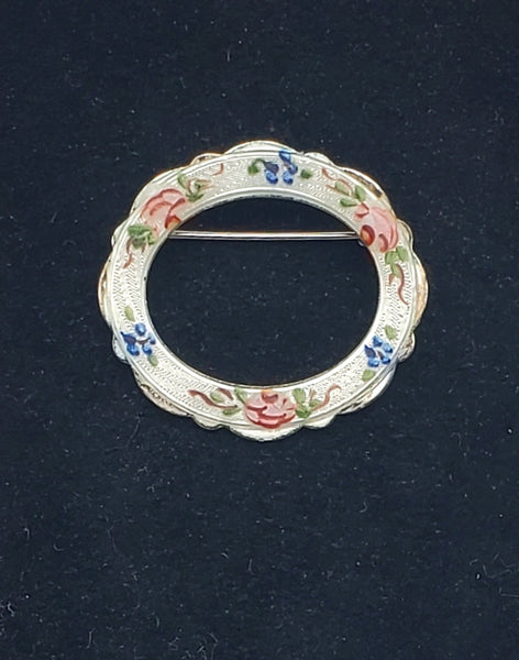 Lamode - Vintage Sterling Silver Floral Hand Painted Guilloche Enamel Hoop Brooch