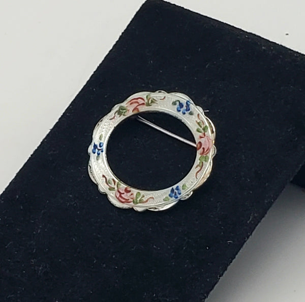 Lamode - Vintage Sterling Silver Floral Hand Painted Guilloche Enamel Hoop Brooch