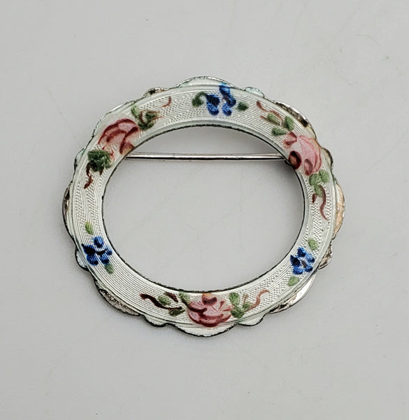 Lamode - Vintage Sterling Silver Floral Hand Painted Guilloche Enamel Hoop Brooch