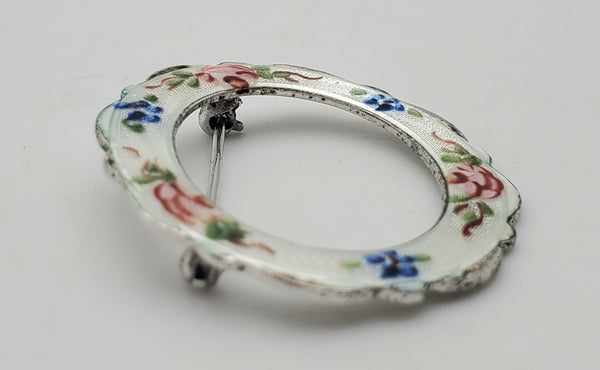 Lamode - Vintage Sterling Silver Floral Hand Painted Guilloche Enamel Hoop Brooch