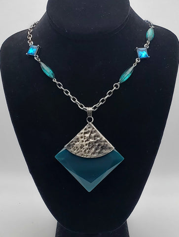 Vintage Silver Tone Metal Chain with Blue and Green Glasa and Abstract Pendant