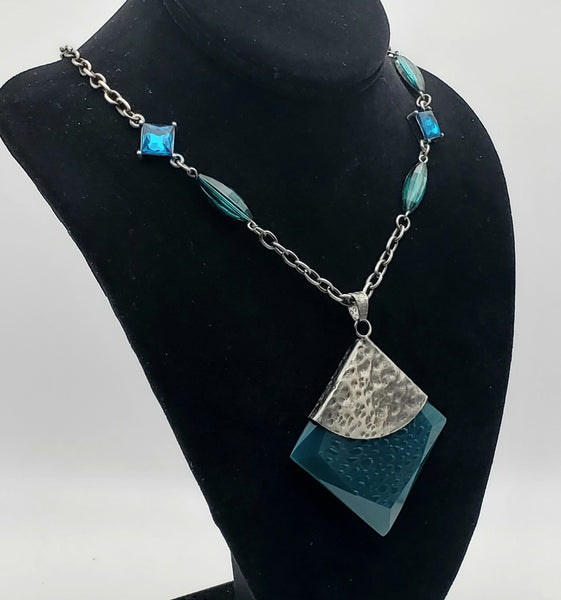 Vintage Silver Tone Metal Chain with Blue and Green Glasa and Abstract Pendant