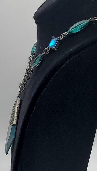 Vintage Silver Tone Metal Chain with Blue and Green Glasa and Abstract Pendant