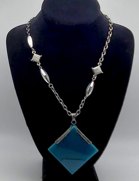 Vintage Silver Tone Metal Chain with Blue and Green Glasa and Abstract Pendant