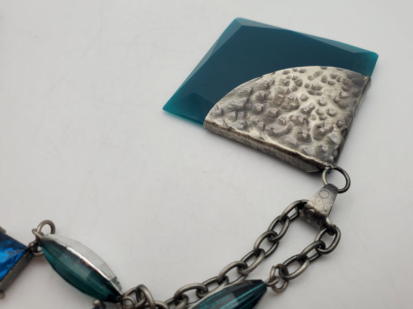 Vintage Silver Tone Metal Chain with Blue and Green Glasa and Abstract Pendant