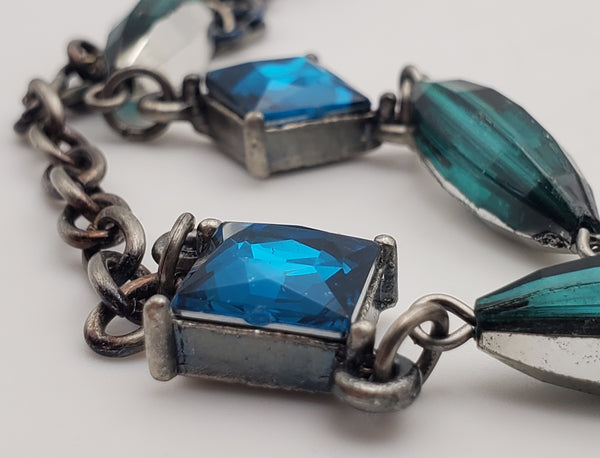 Vintage Silver Tone Metal Chain with Blue and Green Glasa and Abstract Pendant