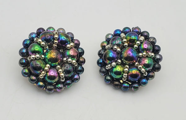 Vintage Aurora Borealis Beaded Clip-On Earrings