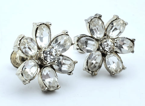 Coro - Vintage Silver Tone Rhinestone Flower Screw Back Earrings