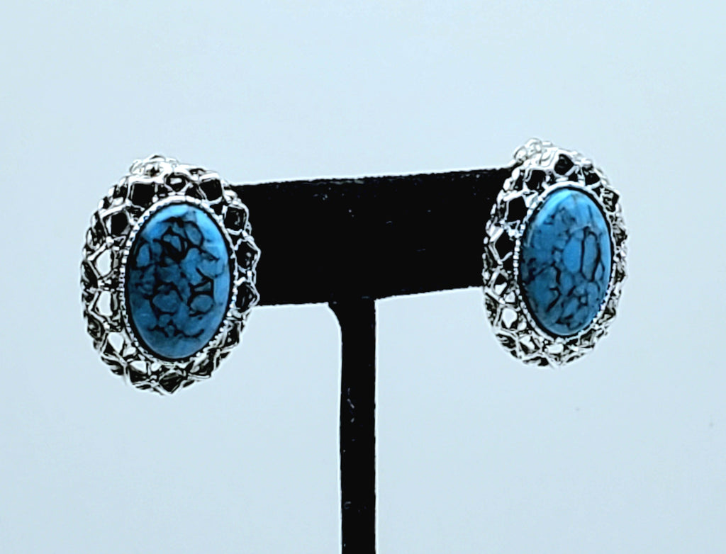 Vintage Faux Turquoise Silver Tone Clip-On Earrings