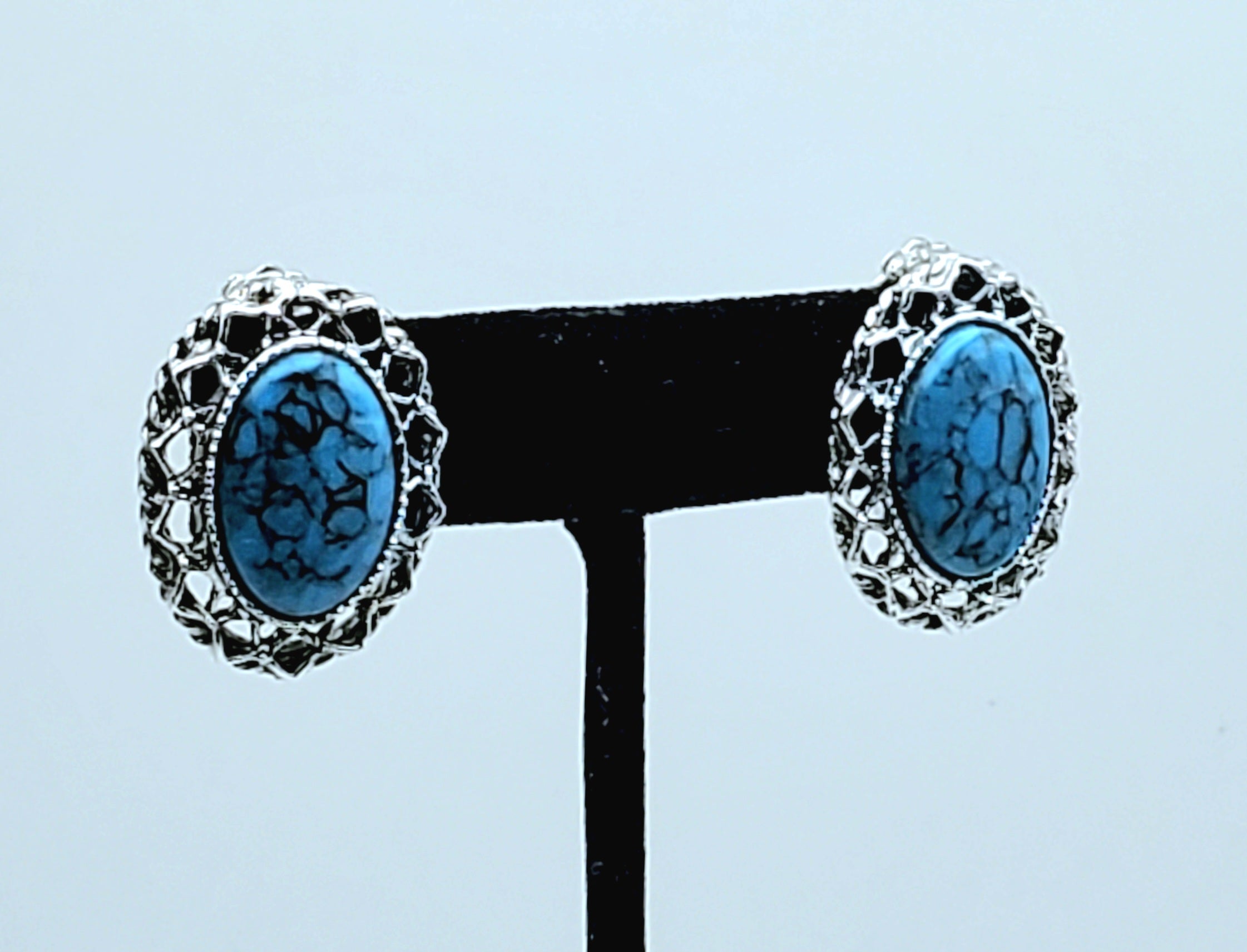 Vintage Faux Turquoise Silver Tone Clip-On Earrings