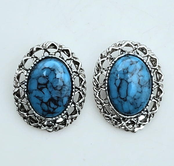 Vintage Faux Turquoise Silver Tone Clip-On Earrings