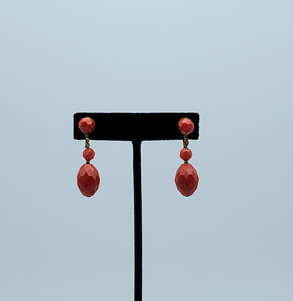 Vintage Faceted Red Plastic Bead Dangle Screw Back Earrings