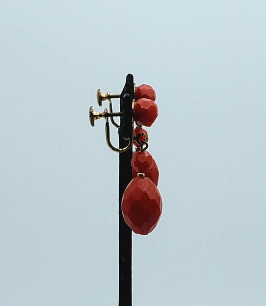 Vintage Faceted Red Plastic Bead Dangle Screw Back Earrings