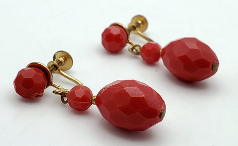 Vintage Faceted Red Plastic Bead Dangle Screw Back Earrings