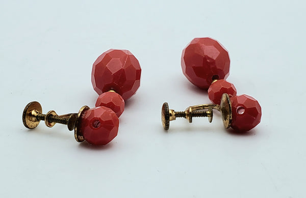 Vintage Faceted Red Plastic Bead Dangle Screw Back Earrings