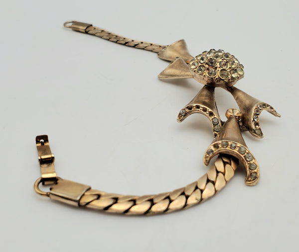 Vintage Gold Tone with Rhinestones Bowtie Chain Link Bracelet - 7.25"