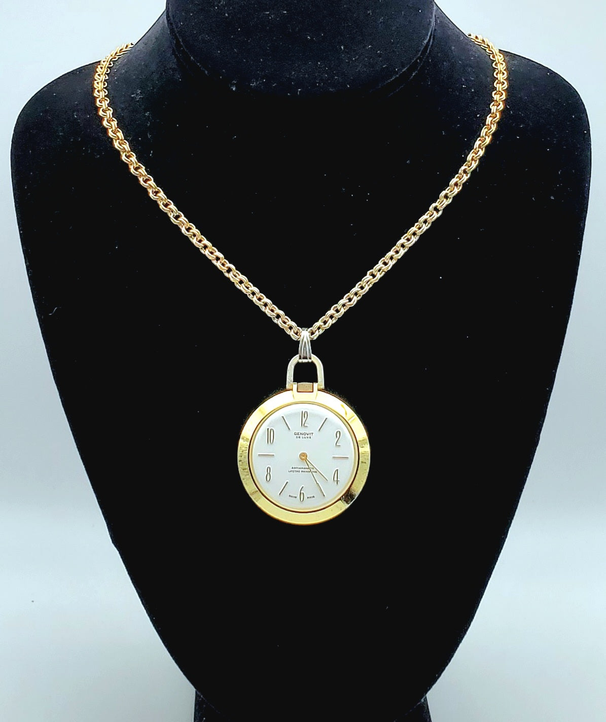 Genovit - De Luxe Antimagnetic Mainspring Gold Tone Watch on Gold Tone Chain Necklace - 29"