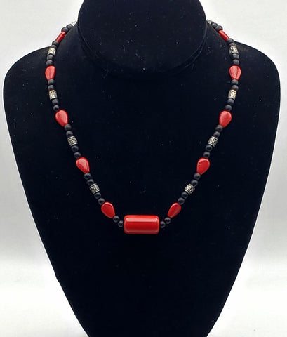 Vintage Red Glass, Black Wood, and Silver Tone Metal Bead Necklace - 18.25"