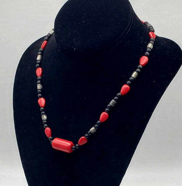 Vintage Red Glass, Black Wood, and Silver Tone Metal Bead Necklace - 18.25"