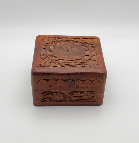 Vintage Hand Carved Wood and Brass Jewelry Box