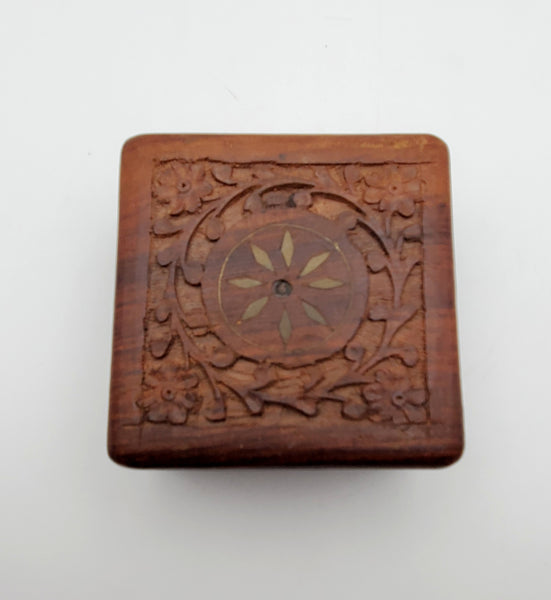 Vintage Hand Carved Wood and Brass Jewelry Box