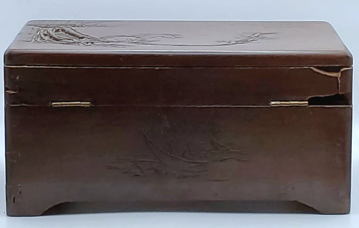 Vintage Tropical Themed Carved Wood Chest