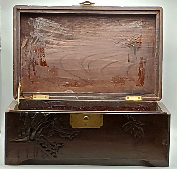 Vintage Tropical Themed Carved Wood Chest