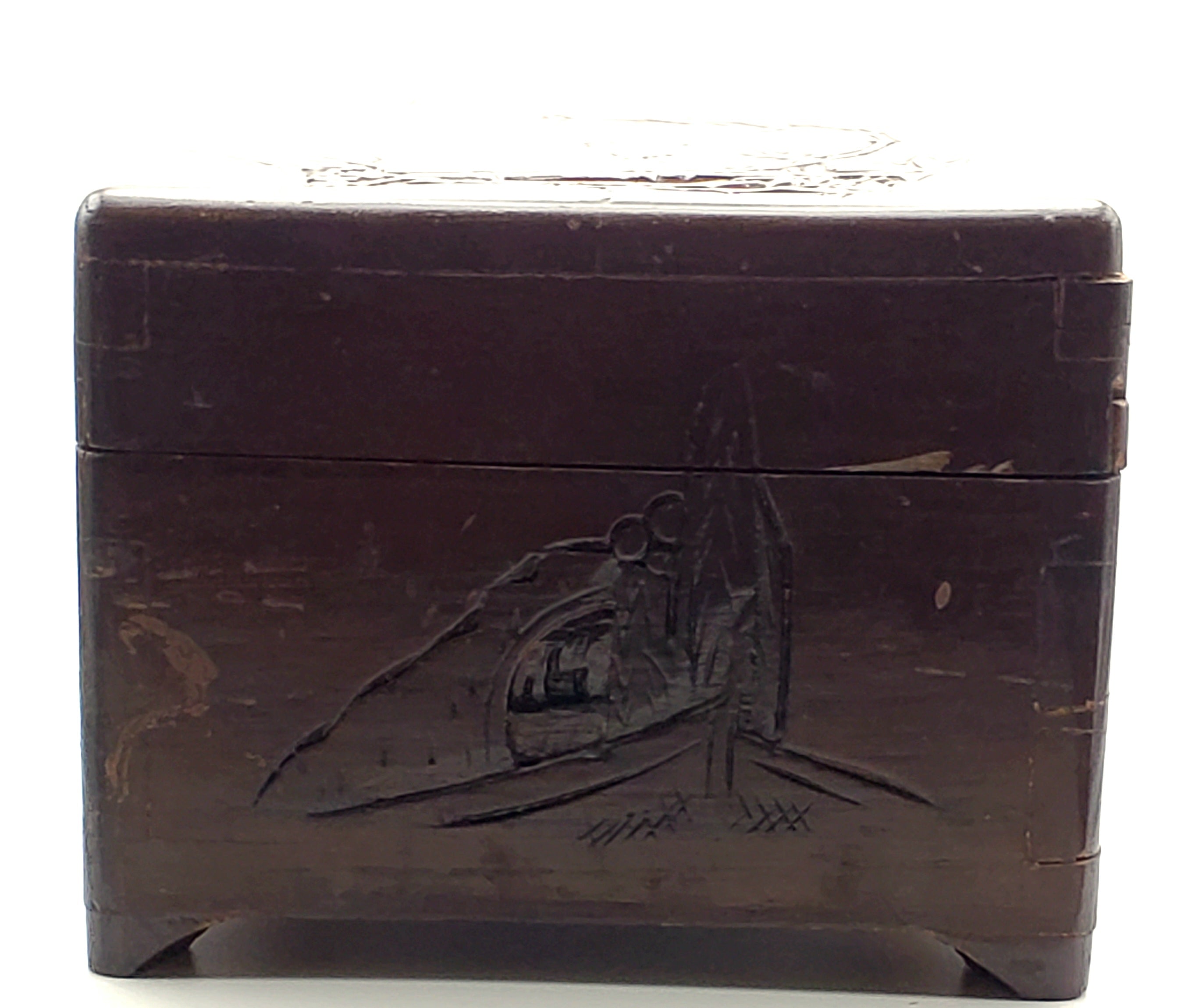 Vintage Tropical Themed Carved Wood Chest