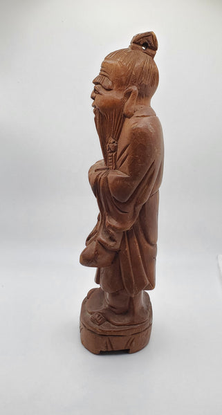 Vintage Chinese Hand Carved Wood Old Man Statue