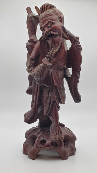 Vintage Hand Carved Wood Chinese Fisherman Sculpture - See Description