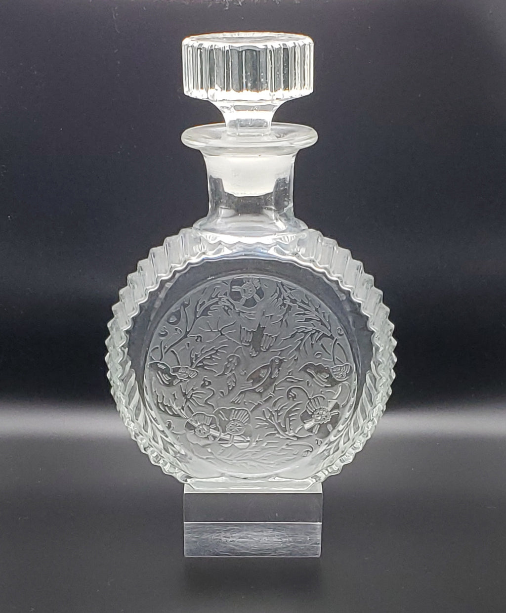 Vintage Etched Glass Decanter Birds and Floral Motif
