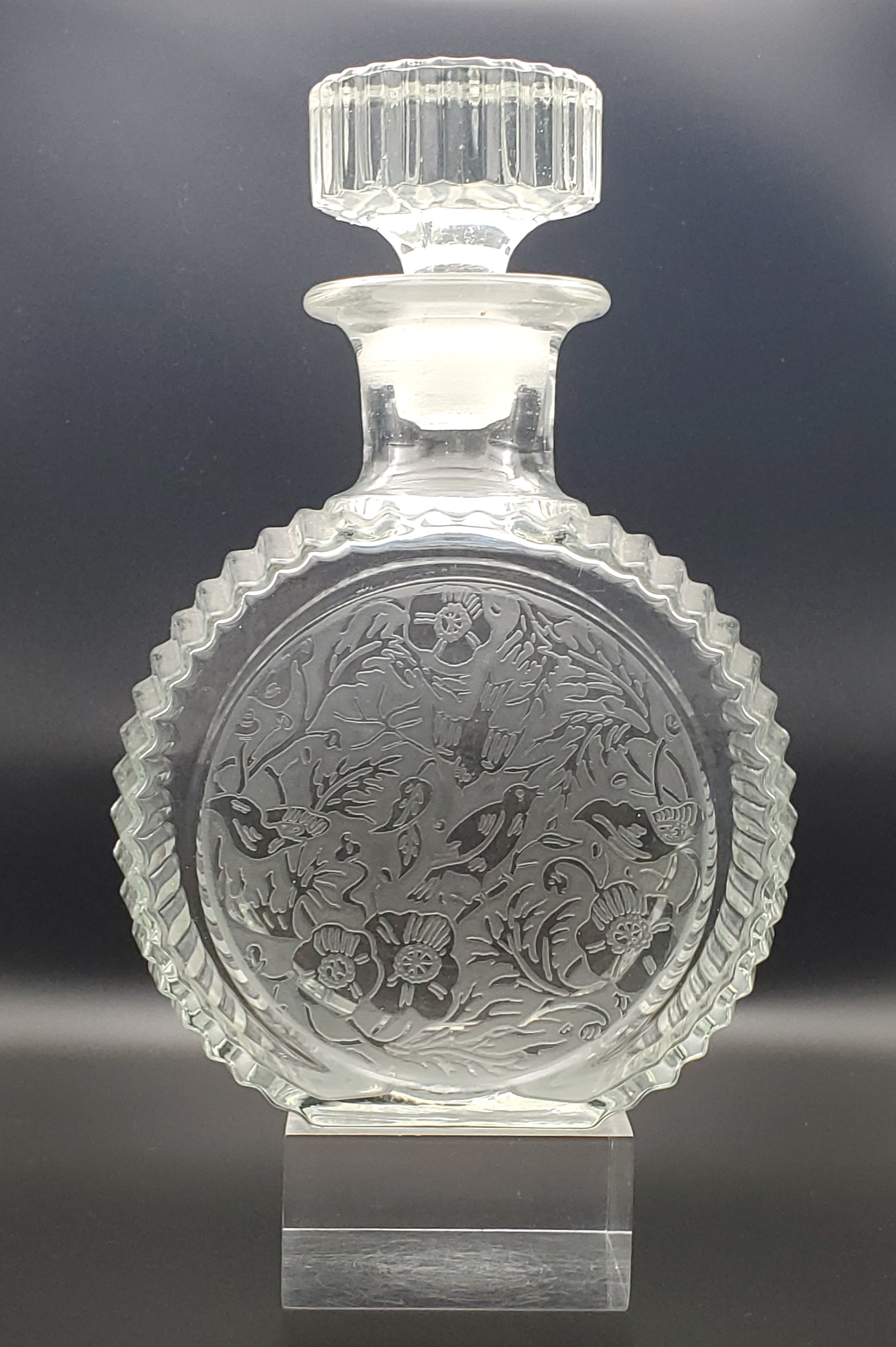 Vintage Etched Glass Decanter Birds and Floral Motif