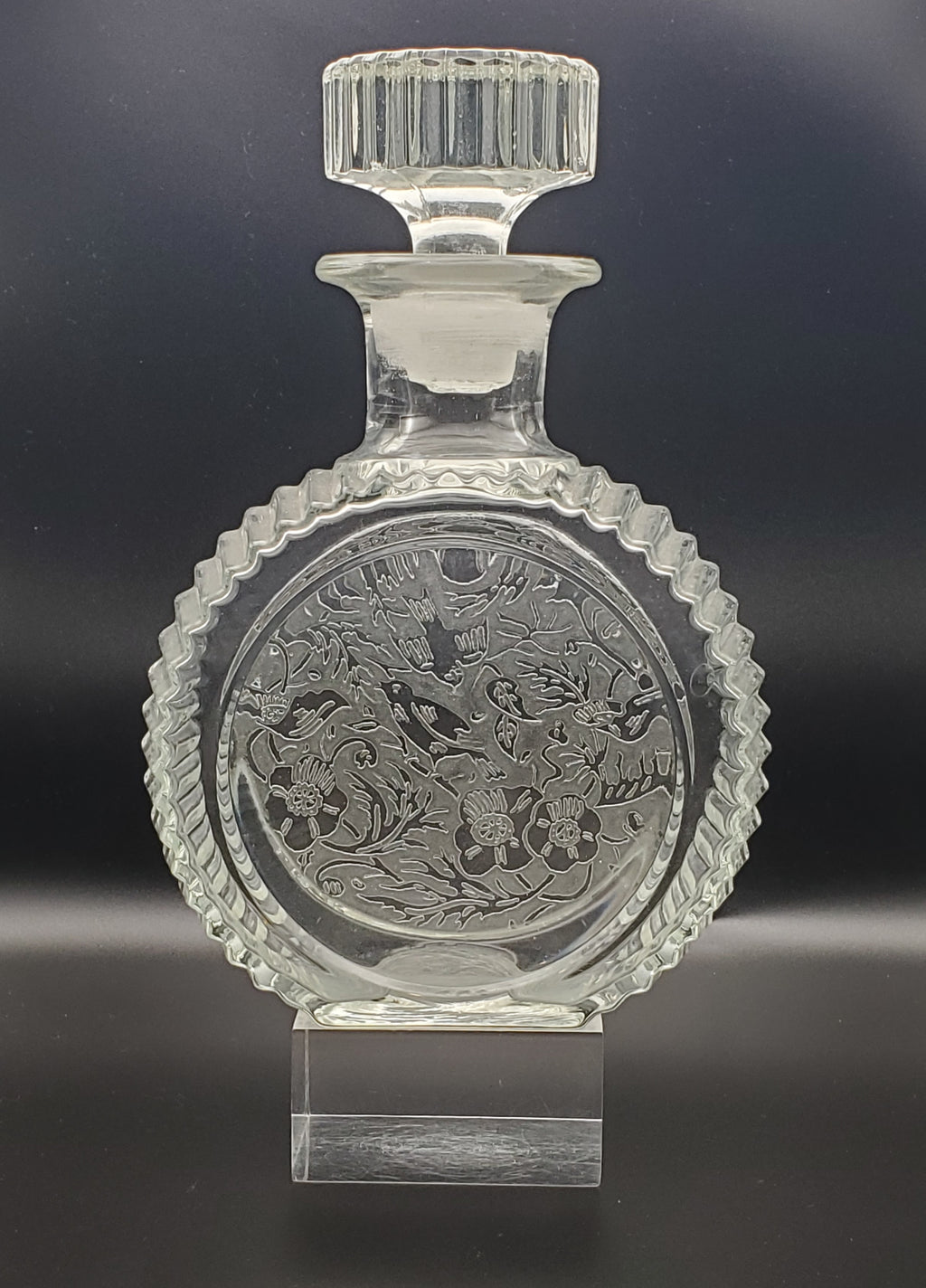 Vintage Etched Glass Decanter Birds and Floral Motif