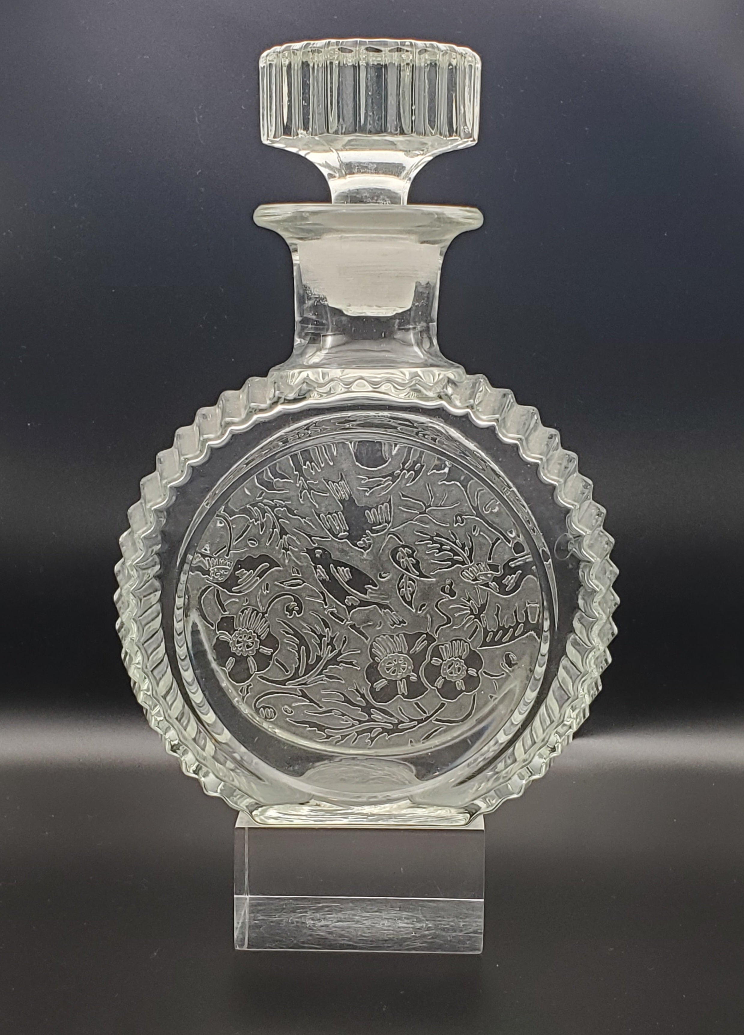 Vintage Etched Glass Decanter Birds and Floral Motif