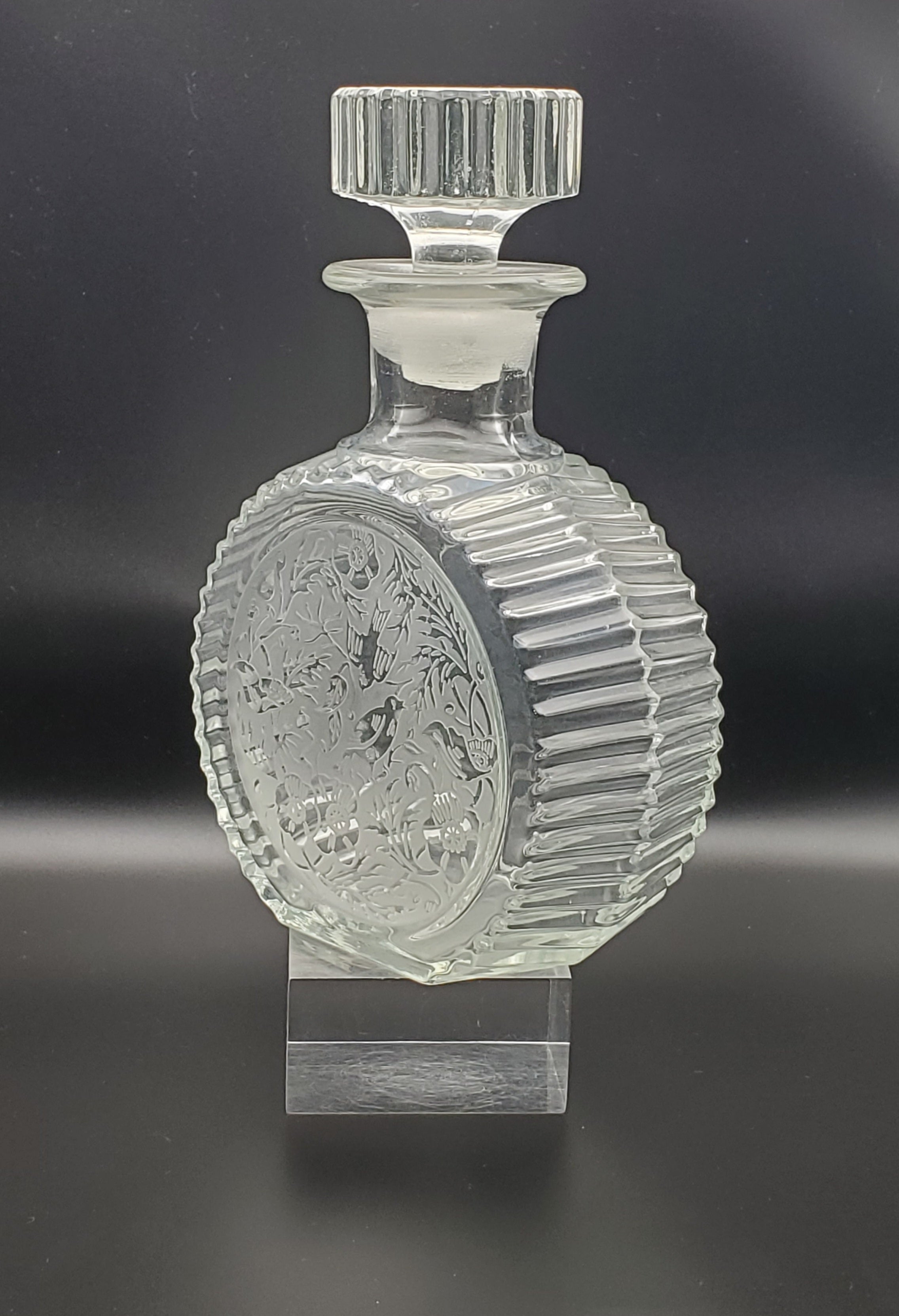 Vintage Etched Glass Decanter Birds and Floral Motif