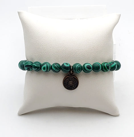 Faux Malachite and Coin Charm Beaded Stretch Bracelet