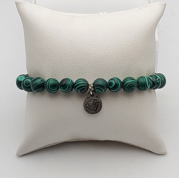 Faux Malachite and Coin Charm Beaded Stretch Bracelet