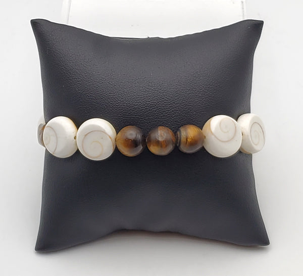 Carved Shell and Tiger's Eye Beaded Stretch Bracelet