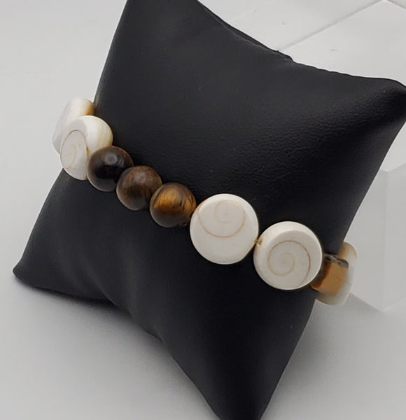 Carved Shell and Tiger's Eye Beaded Stretch Bracelet