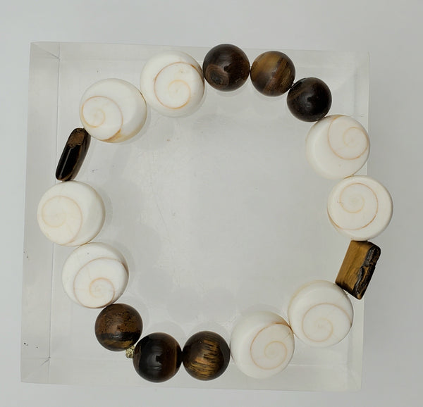 Carved Shell and Tiger's Eye Beaded Stretch Bracelet