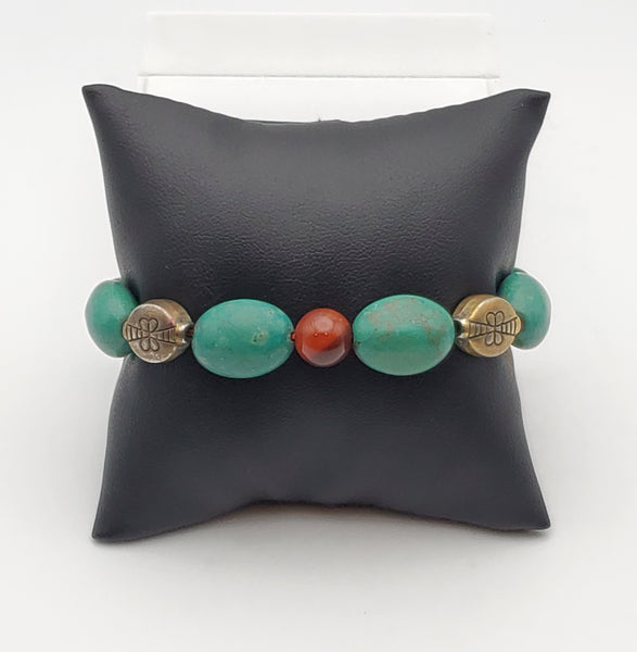 Turquoise, Carnelian and Brass Beaded Stretch Bracelet