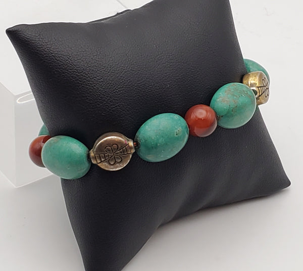 Turquoise, Carnelian and Brass Beaded Stretch Bracelet