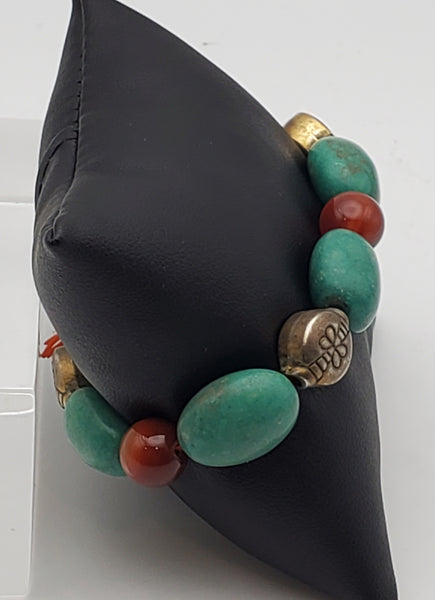 Turquoise, Carnelian and Brass Beaded Stretch Bracelet