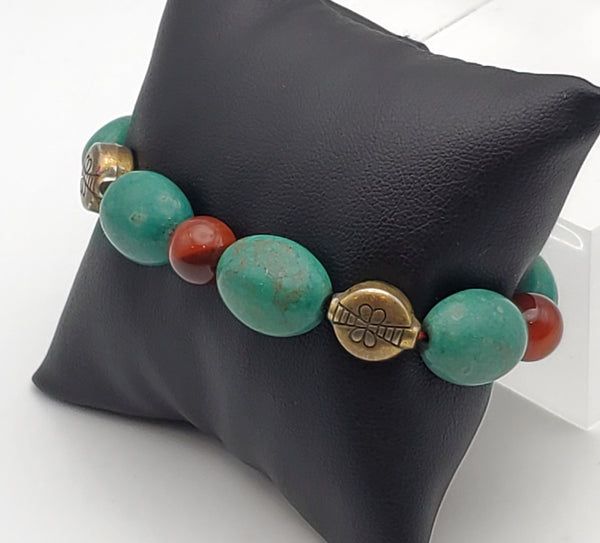 Turquoise, Carnelian and Brass Beaded Stretch Bracelet